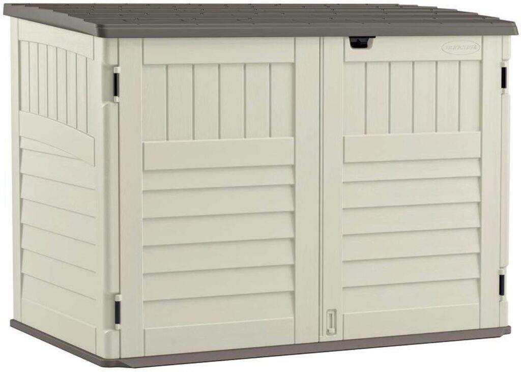 Suncast 5.9 ft. x 3.7 ft Horizontal Stow-Away Storage Shed - Natural Wood-like Outdoor Storage for Trash Cans and Yard Tools - All-Weather Resin, Hinged Lid, Reinforced Floor - Vanilla and Stoney