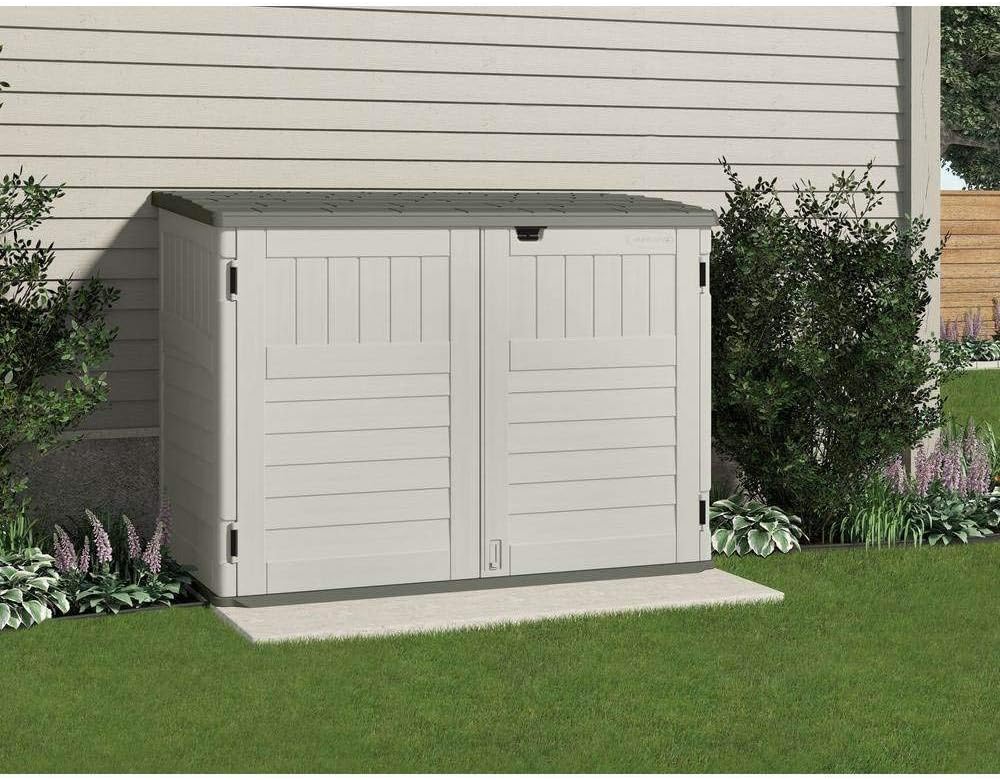 Suncast 5.9 ft. x 3.7 ft Horizontal Stow-Away Storage Shed - Natural Wood-like Outdoor Storage for Trash Cans and Yard Tools - All-Weather Resin, Hinged Lid, Reinforced Floor - Vanilla and Stoney