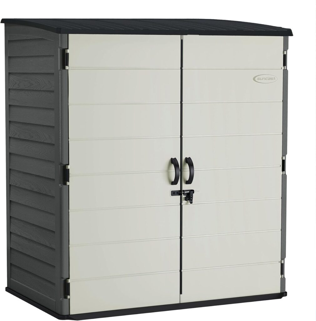 Suncast Extra-Large Vertical Storage Shed for Yard Storage, All-Weather Outdoor Storage Shed with 2 Lockable Doors, 70.5 W x 44.25 D x 77.5 H, Peppercorn