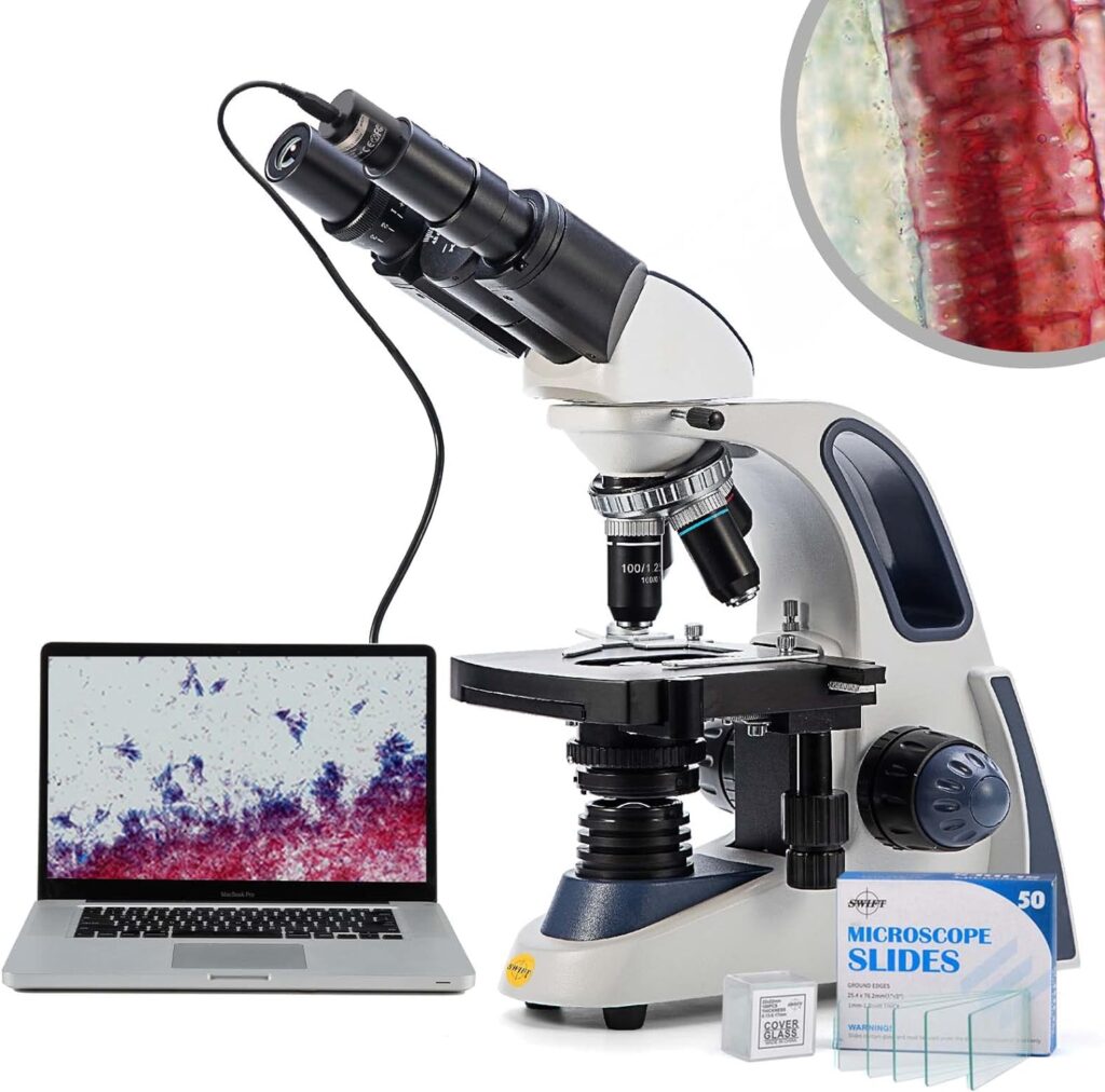 SWIFT SW380B 40X-2500X Magnification, Research-Grade Binocular Compound Lab Microscope, Mechanical Stage, with 5.0 mp Camera and Software Windows/Mac Compatible and 100pcs Blank Slides