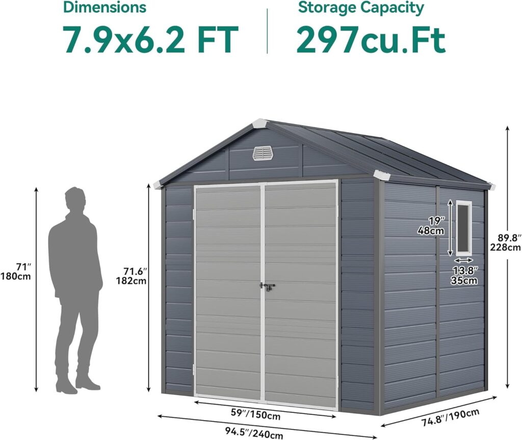 YITAHOME Light Gray Resin Tool Shed, 36 Cu Ft Waterproof Outdoor Horizontal Storage, Weather-Resistant Utility Shed with Air Vent for Trash and Lockable Doors, Garden Tools